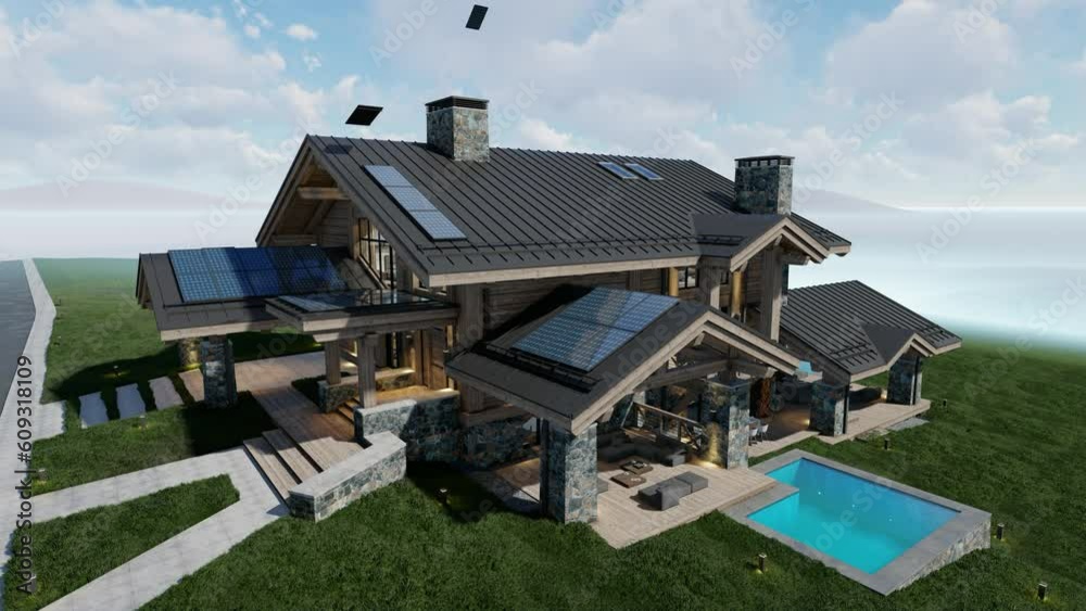 4K video rendering of installation Solar panels on the roof of modern cozy chalet with pool and parking for sale or rent. Beautiful forest mountains on background. 