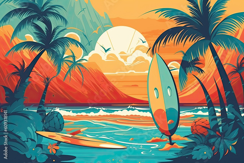 Illustration of a beach with an umbrella and surfboards at sunset