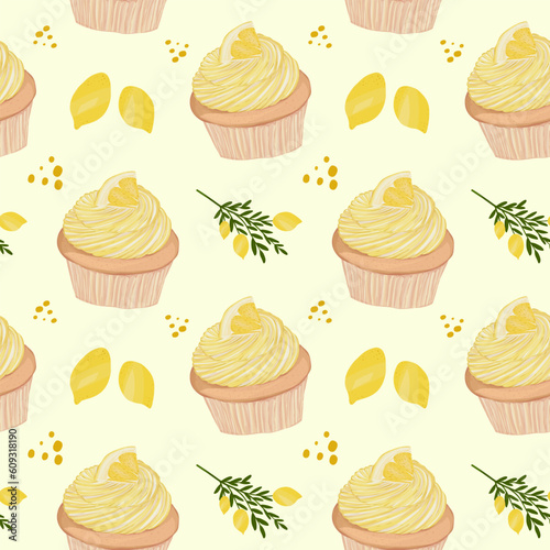Sweet hand drawn seamless pattern. Lemon cup cake vector illustration.
