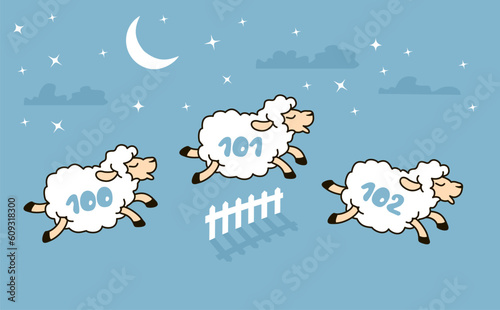 Cute cartoon sheep are jumping over the fence. Counting sheep for insomnia. Good night. Night sky with cute sheep. Vector flat illustration.