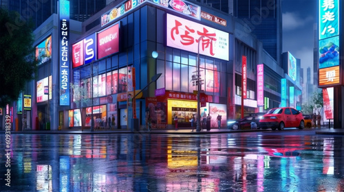 Rendering of billboards and advertisement signs at modern buildings in capital city with light reflection from puddles on street. Concept for night life. Generative Ai.