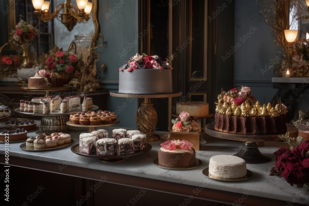 luxe holiday bakery, with decadent pastries and richly decorated cakes, created with generative ai