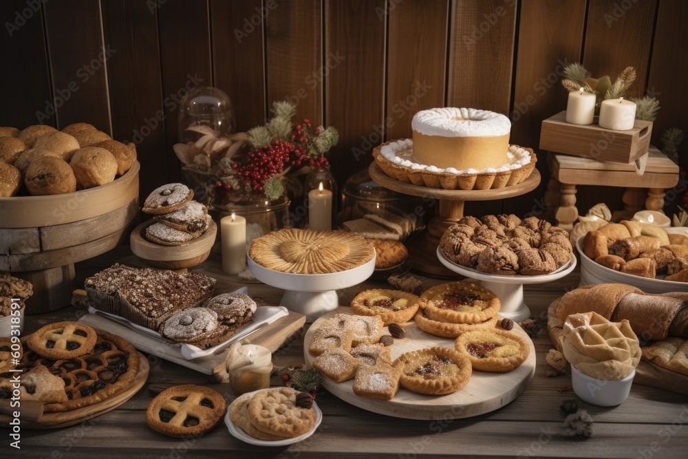 tabletop display of holiday cookies, pies and pastries in bakery, created with generative ai