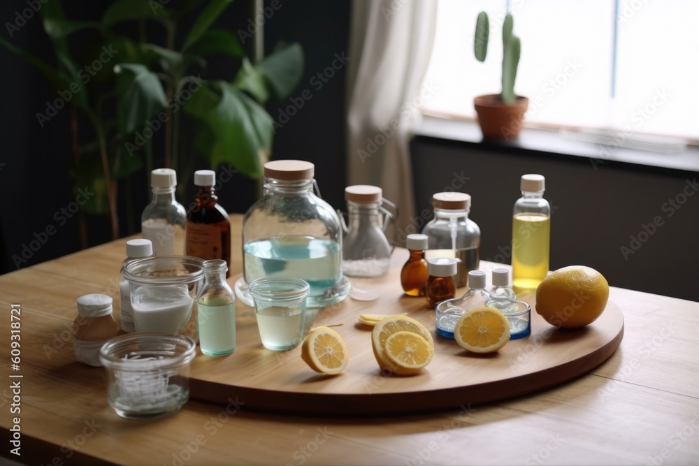 homemade cleaning product demonstration, with supplies and tools on the table, created with generative ai homemade cleaning product demonstration, with supplies and tools on the table, created with generative ai