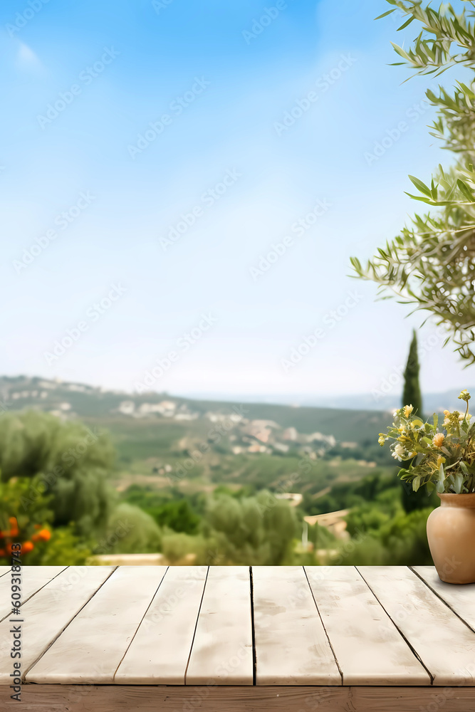 Fototapeta premium Blurred Tuscan countryside with wooden empty table for display, digital art, generative AI
