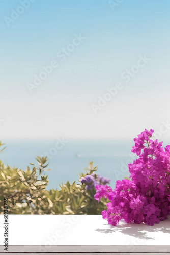 Vertical wooden table over Mediterranean blurred blue sea background for display, digital art, generative AI