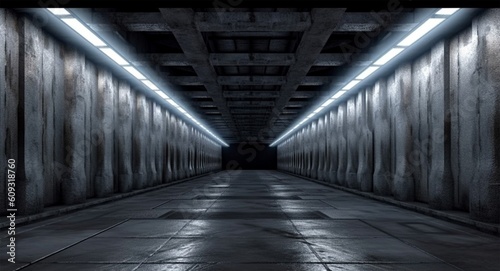 Dark concrete led white lights underground tunnel corridor cement asphalt hallway warehouse tunnel corridor metal structure realistic background. 3D render illustration. Generative Ai.