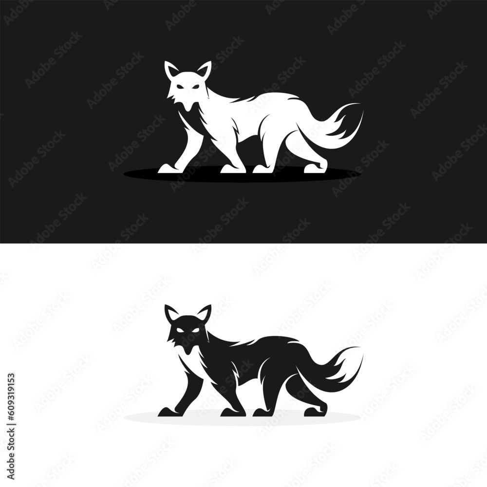 walking fox illustration, logo design in silhouette or black and white style