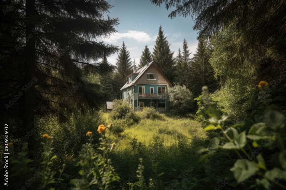 cottage surrounded by greenery and wildlife on the forest edge, created with generative ai