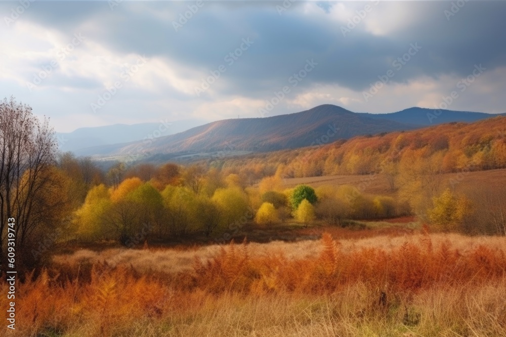 Fototapeta premium autumn landscape with fields of colorful foliage and distant mountains, created with generative ai