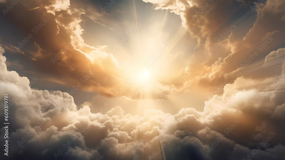 Celestial clouds with sun beams to represent Christian religion Generative AI - obrazy, fototapety, plakaty 