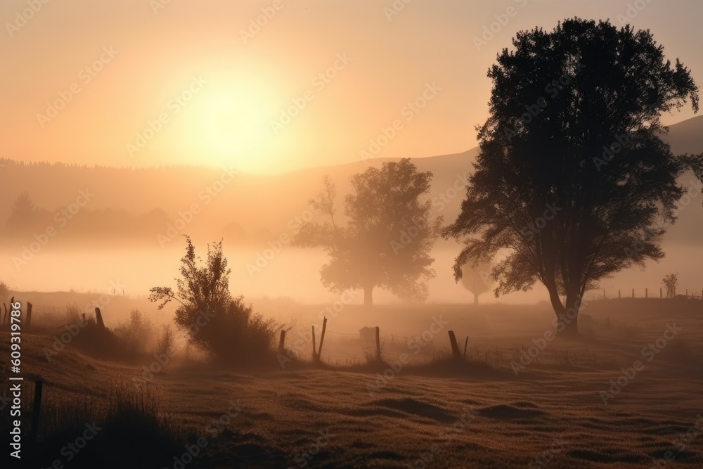 rural landscape with misty morning sunrise, featuring silhouettes of trees and distant mountains, created with generative ai