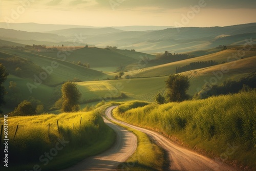 countryside with rolling hills and winding road, created with generative ai