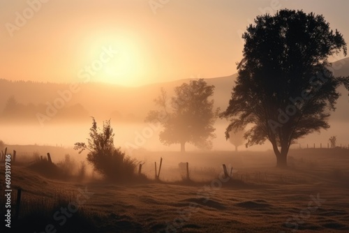 rural landscape with misty morning sunrise  featuring silhouettes of trees and distant mountains  created with generative ai