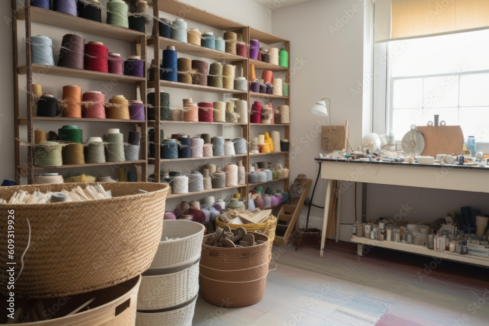 sewing room, with baskets of colorful thread and fabric rolls, created with generative ai