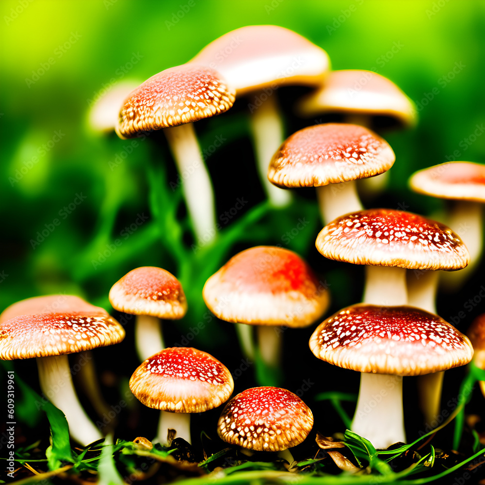 Obraz premium Close up view of psychedelic mushrooms. (AI-generated fictional illustration)