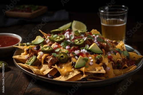 plate of nachos topped with different types of cheeses, chili and fresh garnishes, created with generative ai