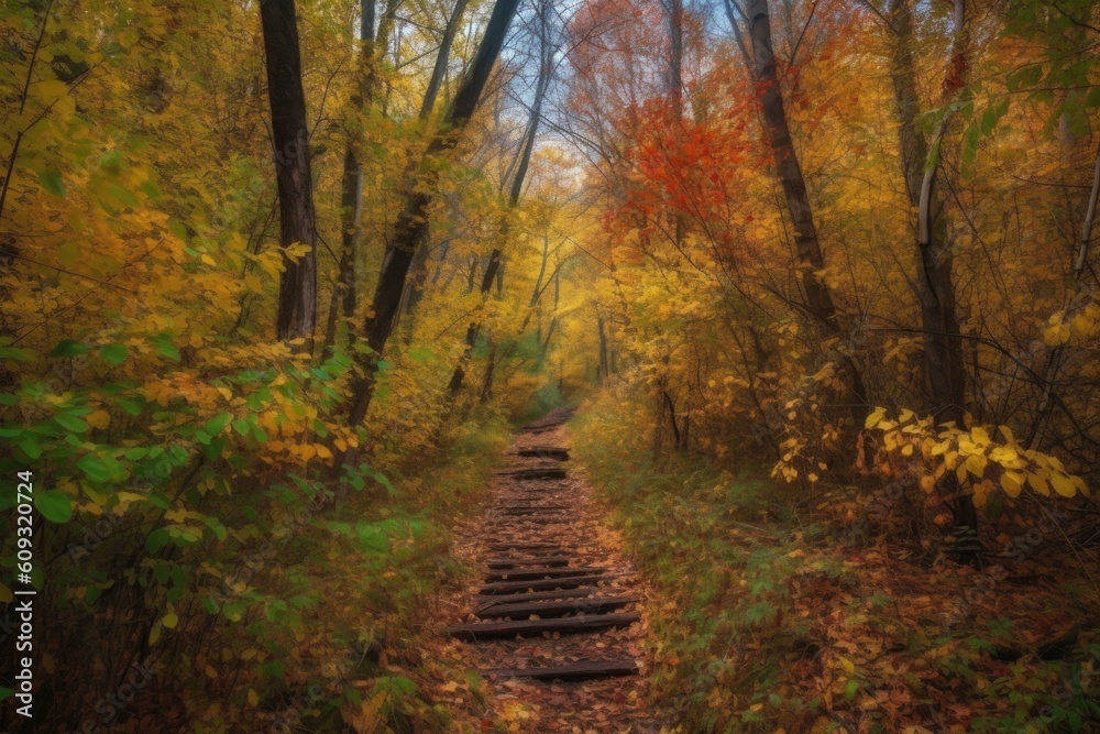 trail through autumn forest, with fallen leaves and colorful foliage, created with generative ai