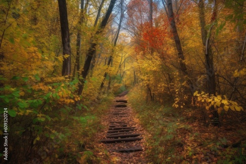 trail through autumn forest  with fallen leaves and colorful foliage  created with generative ai