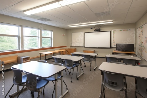 classroom with interactive whiteboard, projector and seating for students to study and learn, created with generative ai