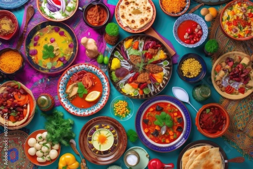 traditional dishes of different countries on colorful dishes, created with generative ai