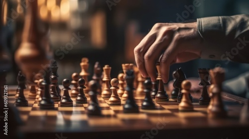 Fotografia Close-up of a man playing chess on a wooden board. Generate AI.
