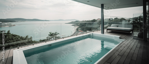 Infinity swimming pool with sea view at luxury resort. Generative AI