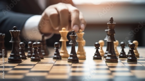 Close-up of businessman playing chess game. Concept of business strategy. Generate AI.