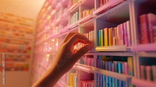 Hand of a female student choosing a book from a shelf in a library. 