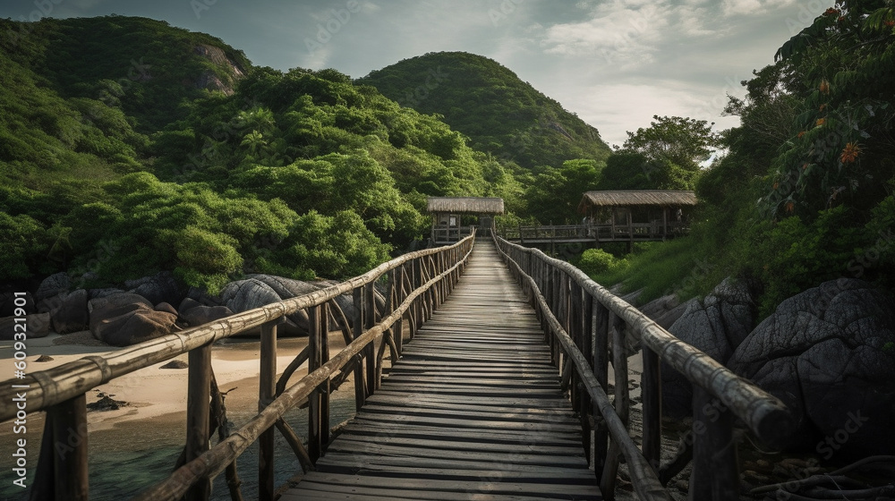 Old wooden bridge at tropical sea. Generative AI