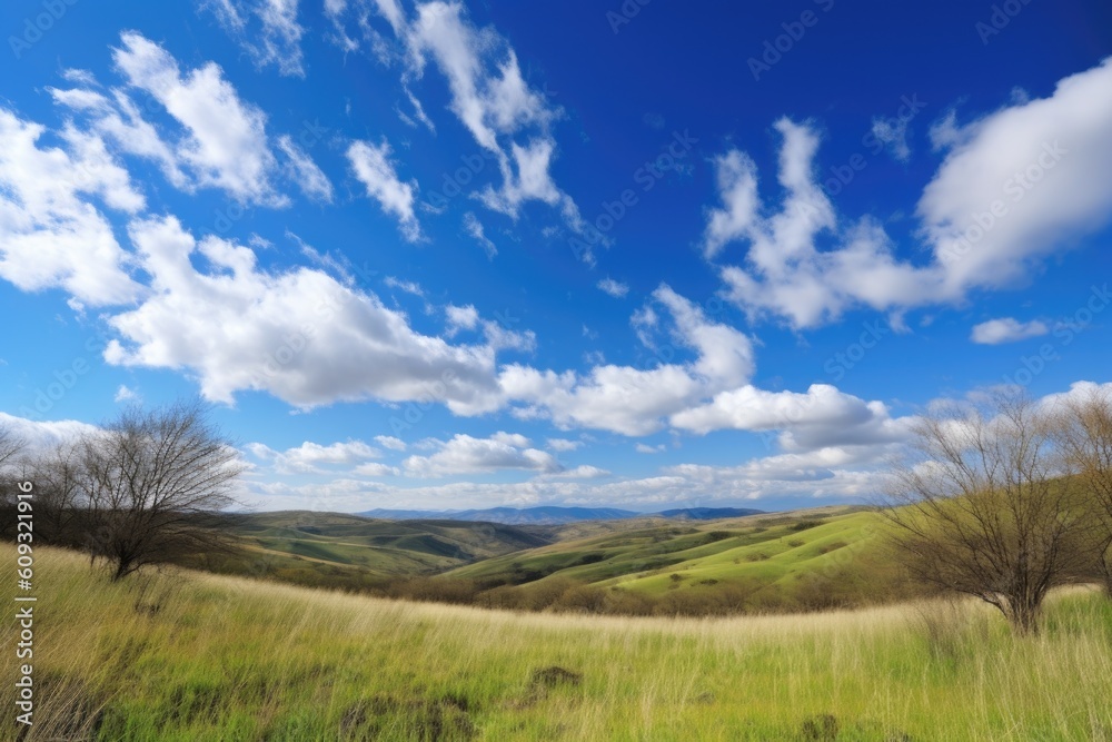 serene landscape with clear blue sky and fluffy clouds, created with generative ai serene landscape with clear blue sky and fluffy clouds, created with generative ai