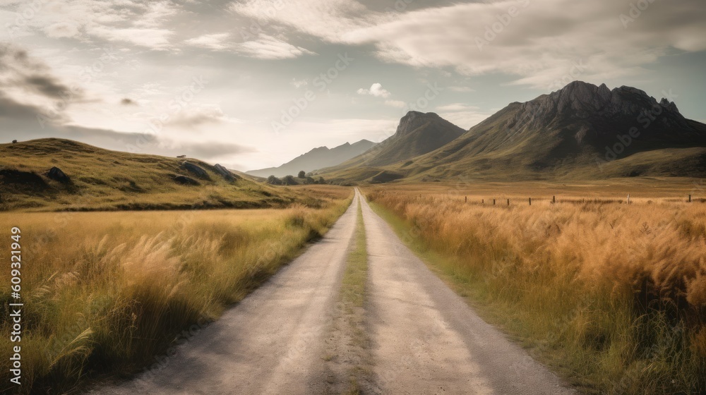 Panoramic view of a dirt road through grassland in New Zealand. Generate AI.