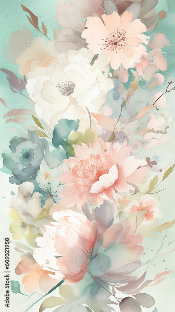 Watercolor floral wallpaper background in pastel colors. Generative AI