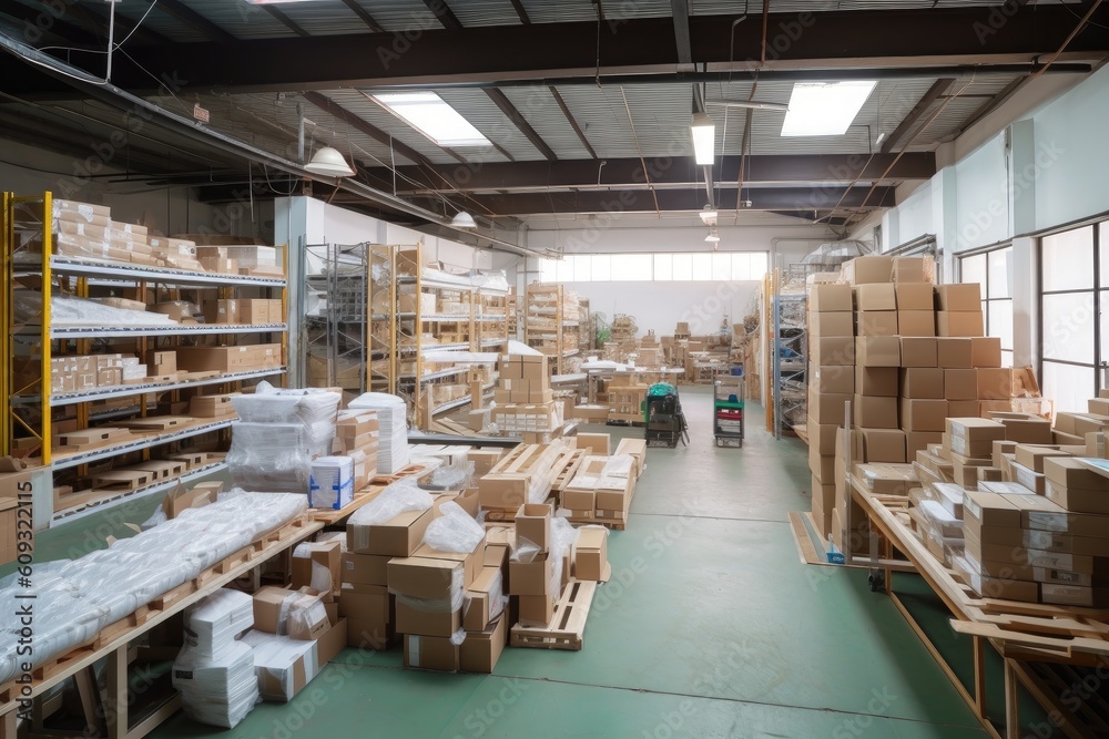 sustainable packaging factory, with rows of eco-friendly products being packaged for shipment, created with generative ai sustainable packaging factory, with rows of eco-friendly products being packaged for shipment, created with generative ai