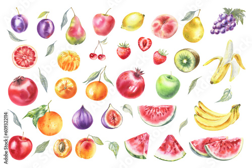 Fototapeta Naklejka Na Ścianę i Meble -  Watercolor Fruits Set, Farm Healthy Food: apple lemon pomegranate banana peach watermelon strawberry tangerine сitrus vegan