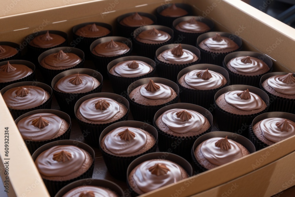 pack of chocolate cupcakes, ready for transporting across the city for business meeting, created with generative ai pack of chocolate cupcakes, ready for transporting across the city for business meeting, created with generative ai