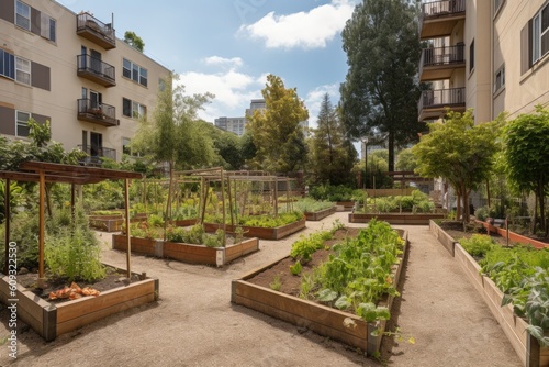 community garden with beds of fresh herbs, vegetables, and fruits, created with generative ai