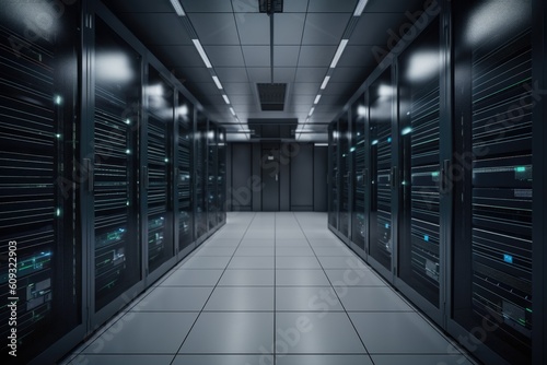 critical data center, with multiple backup systems and redundant connections, ensuring uptime in the event of a failure, created with generative ai