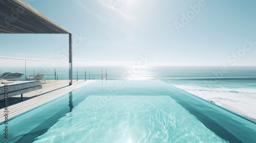 Infinity swimming pool with sea view at luxury resort. Generative AI © Анастасия Каргаполов