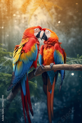 Zwei Papageien (Aras) sitzen auf einem Ast photo