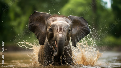 Joyful Splash: A Playful Encounter with a Wet Baby Elephant. Generative AI