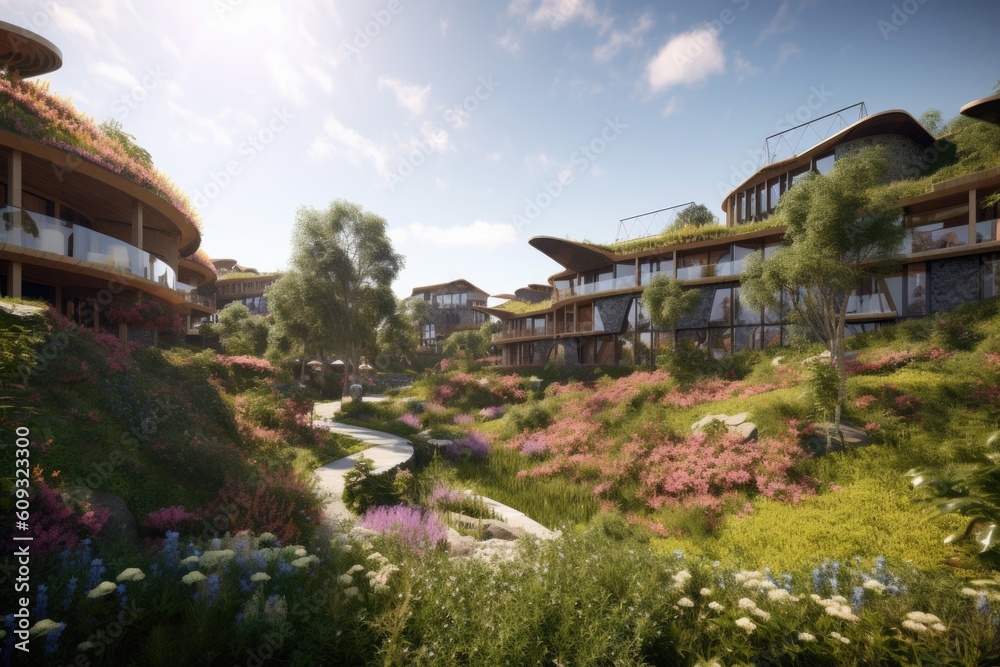 ecoworld of eco-friendly accommodations, with vegetable and flower gardens, surrounding the buildings, created with generative ai