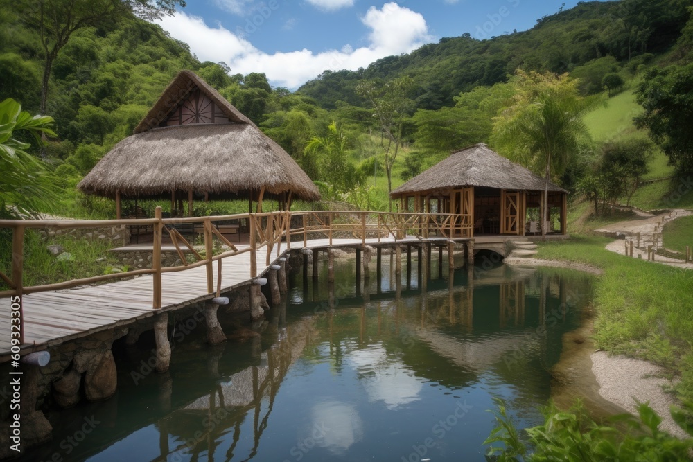 eco-friendly resort, with stunning views and natural swimming pool, created with generative ai eco-friendly resort, with stunning views and natural swimming pool, created with generative ai