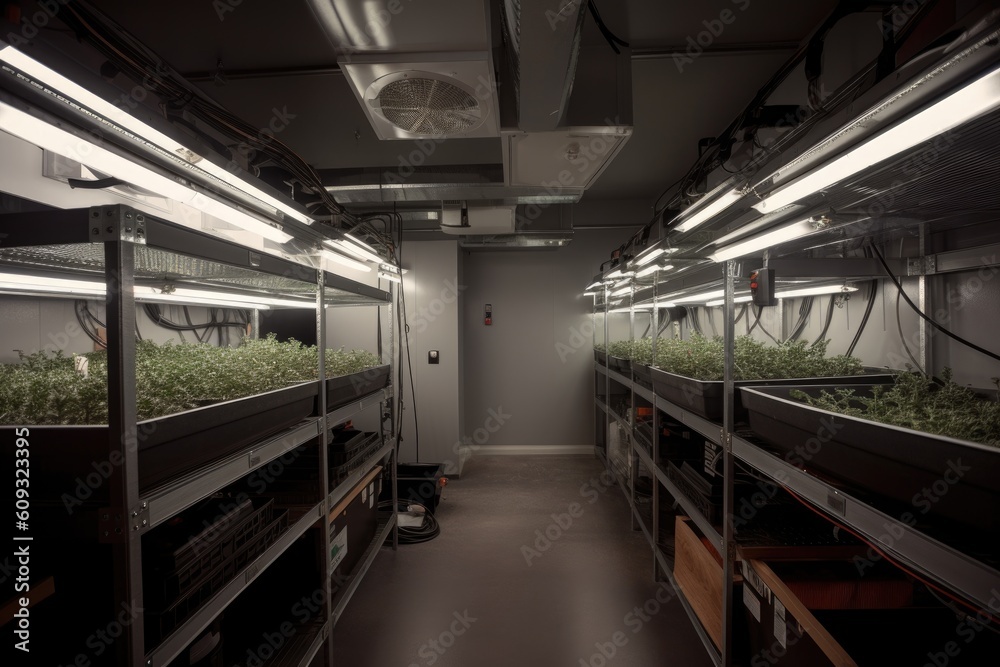 grow room with variety of lights and equipment, including ventilation and fans for optimal performance, created with generative ai grow room with variety of lights and equipment, including ventilation and fans for optimal performance, created with generative ai