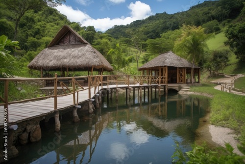 eco-friendly resort, with stunning views and natural swimming pool, created with generative ai