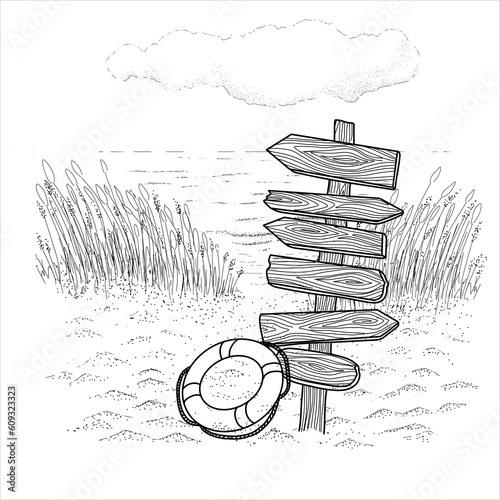 Information signpost, retro lifebuoy on the beach. Sky, nice weather. Happy holiday.  Stock illustration. Hand painted, line art .
