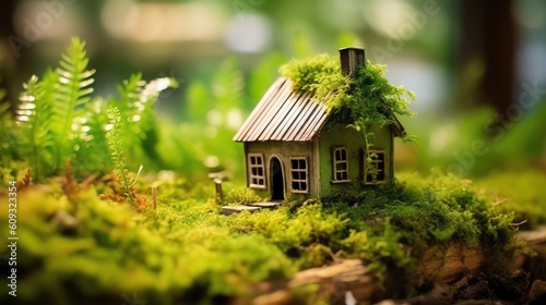Miniature wooden house in the nature of the area. Eco illustration