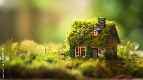 Miniature wooden house in the nature of the area. Eco illustration #609323371