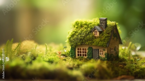Miniature wooden house in the nature of the area. Eco illustration