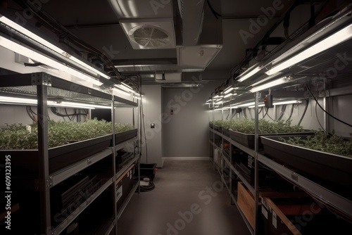 grow room with variety of lights and equipment, including ventilation and fans for optimal performance, created with generative ai